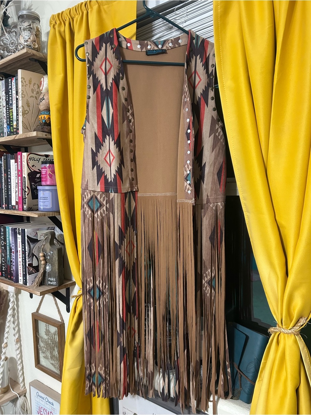 Boho Fringe Aztec Vest Dress - Brown Red Teal